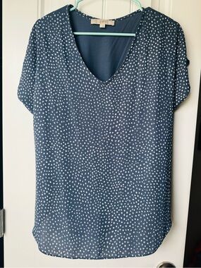 LOFT Navy Blue V-Neck Micro Dot Blouse